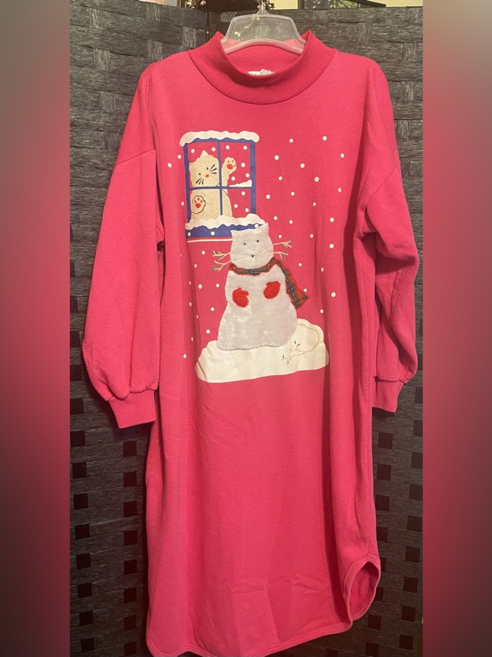 Vintage Cat Pajama Dress 90s Nightie Fuzzy Kitten Snowman Pink Nightgown med